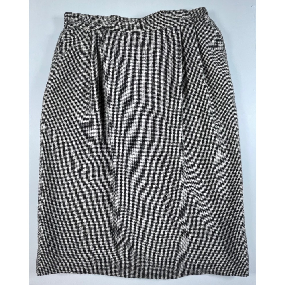 Joan Leslie Pencil Skirt Women 12 Petite Black White Houndstooth Wool Blend Vtg